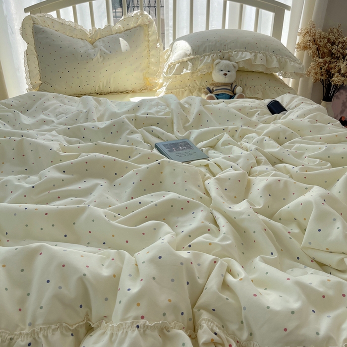91家纺网 家纺一手货源 找家纺 轻奢坊 2025新款水洗棉双层纱双层花边夏被夏凉被空调被四件套 夏被-波点