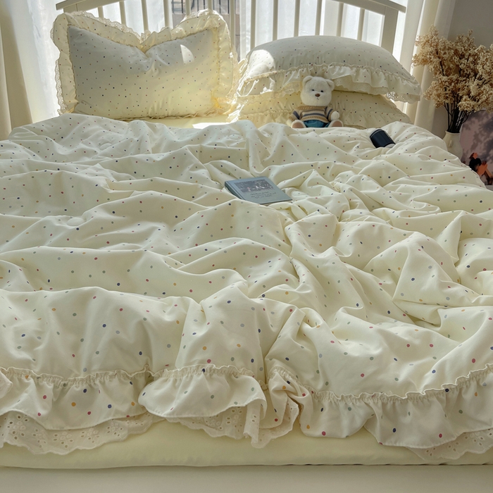 91家纺网 家纺一手货源 找家纺 轻奢坊 2025新款水洗棉双层纱双层花边夏被夏凉被空调被四件套 夏被-波点