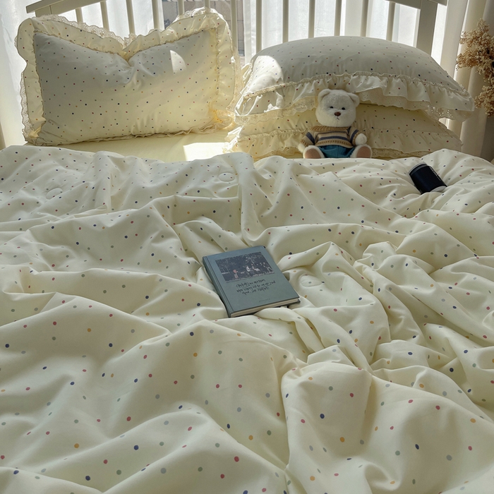 91家纺网 家纺一手货源 找家纺 轻奢坊 2025新款水洗棉双层纱双层花边夏被夏凉被空调被四件套 夏被-波点