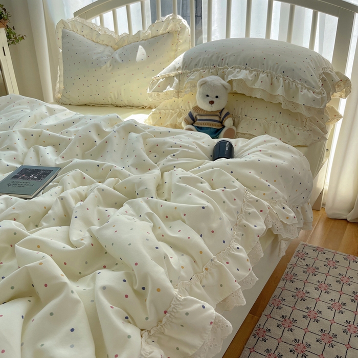 91家纺网 家纺一手货源 找家纺 轻奢坊 2025新款水洗棉双层纱双层花边夏被夏凉被空调被四件套 夏被-波点