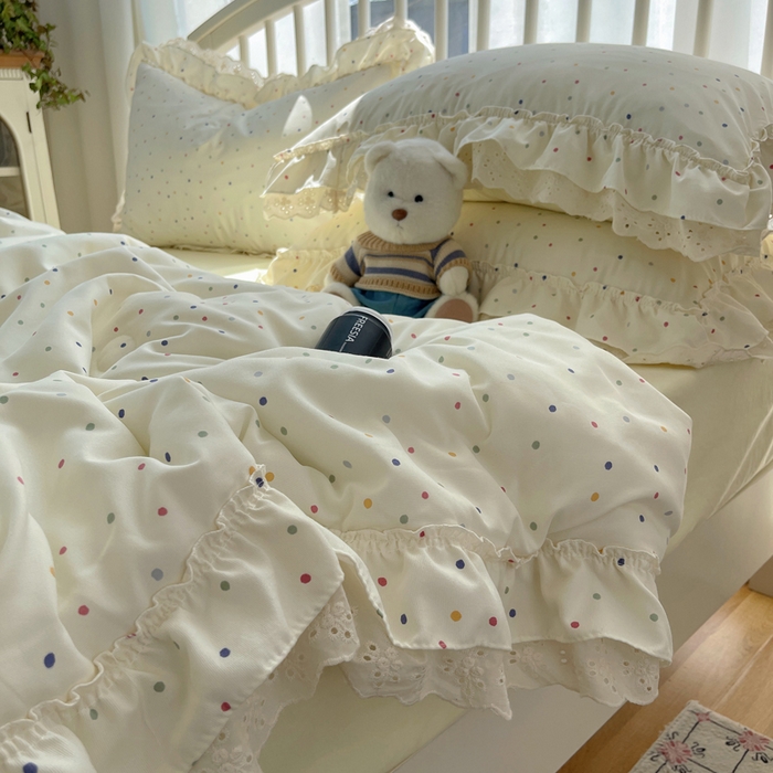 91家纺网 家纺一手货源 找家纺 轻奢坊 2025新款水洗棉双层纱双层花边夏被夏凉被空调被四件套 夏被-波点