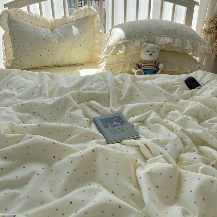 91家纺网 家纺一手货源 找家纺 轻奢坊 2025新款水洗棉双层纱双层花边夏被夏凉被空调被四件套 夏被-波点