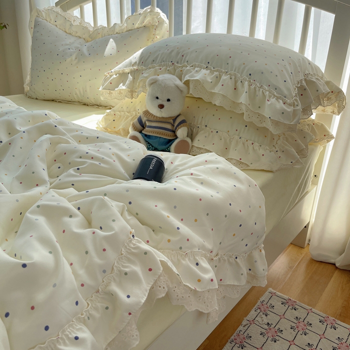 91家纺网 家纺一手货源 找家纺 轻奢坊 2025新款水洗棉双层纱双层花边夏被夏凉被空调被四件套 夏被-波点