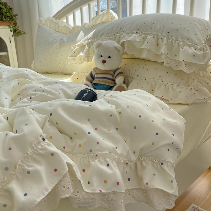 91家纺网 家纺一手货源 找家纺 轻奢坊 2025新款水洗棉双层纱双层花边夏被夏凉被空调被四件套 夏被-波点