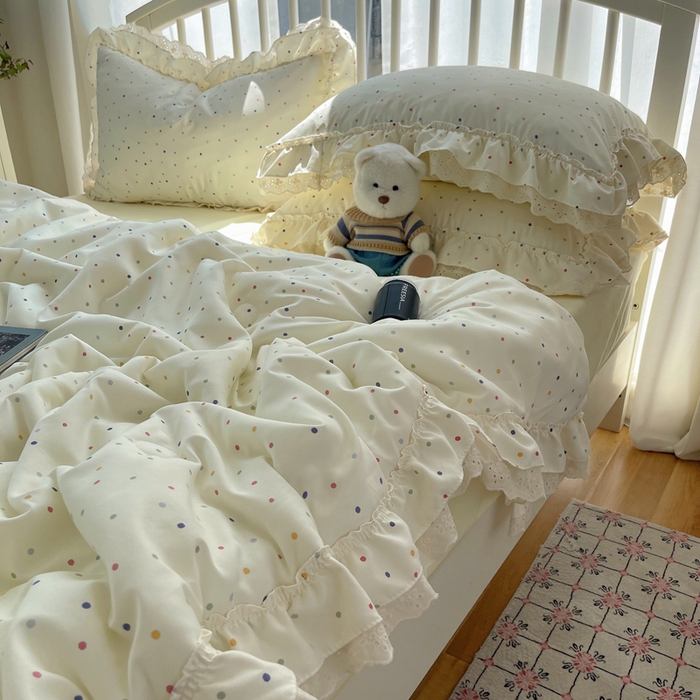 91家纺网 家纺一手货源 找家纺 轻奢坊 2025新款水洗棉双层纱双层花边夏被夏凉被空调被四件套 夏被-波点