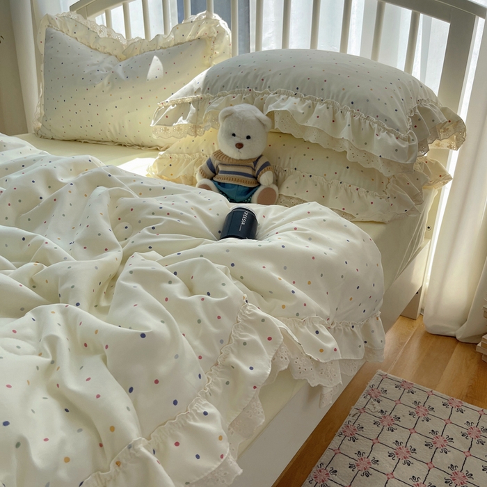 91家纺网 家纺一手货源 找家纺 轻奢坊 2025新款水洗棉双层纱双层花边夏被夏凉被空调被四件套 夏被-波点