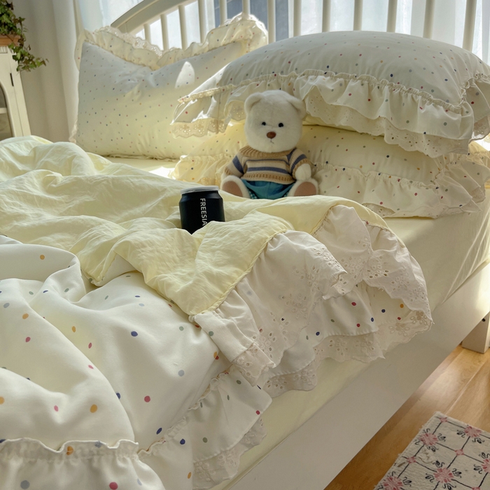 91家纺网 家纺一手货源 找家纺 轻奢坊 2025新款水洗棉双层纱双层花边夏被夏凉被空调被四件套 夏被-波点