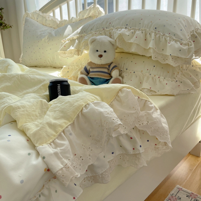 91家纺网 家纺一手货源 找家纺 轻奢坊 2025新款水洗棉双层纱双层花边夏被夏凉被空调被四件套 夏被-波点