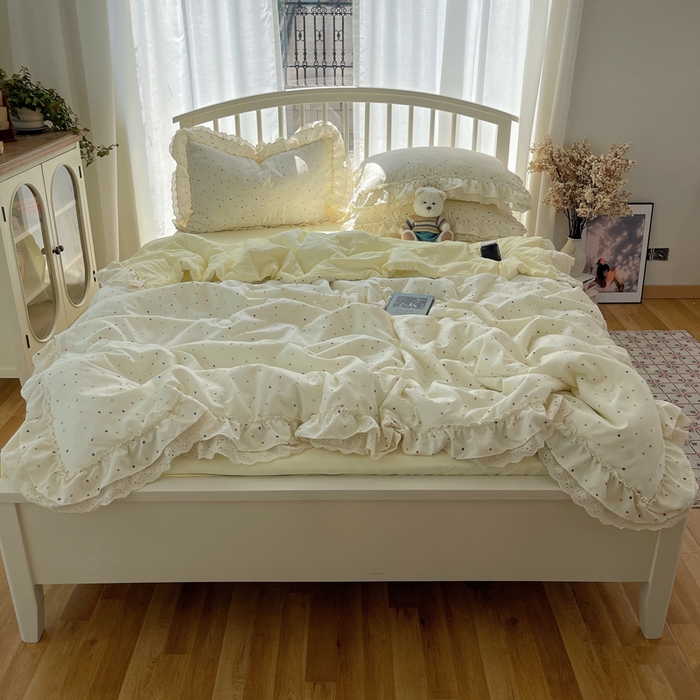 91家纺网 家纺一手货源 找家纺 轻奢坊 2025新款水洗棉双层纱双层花边夏被夏凉被空调被四件套 夏被-波点