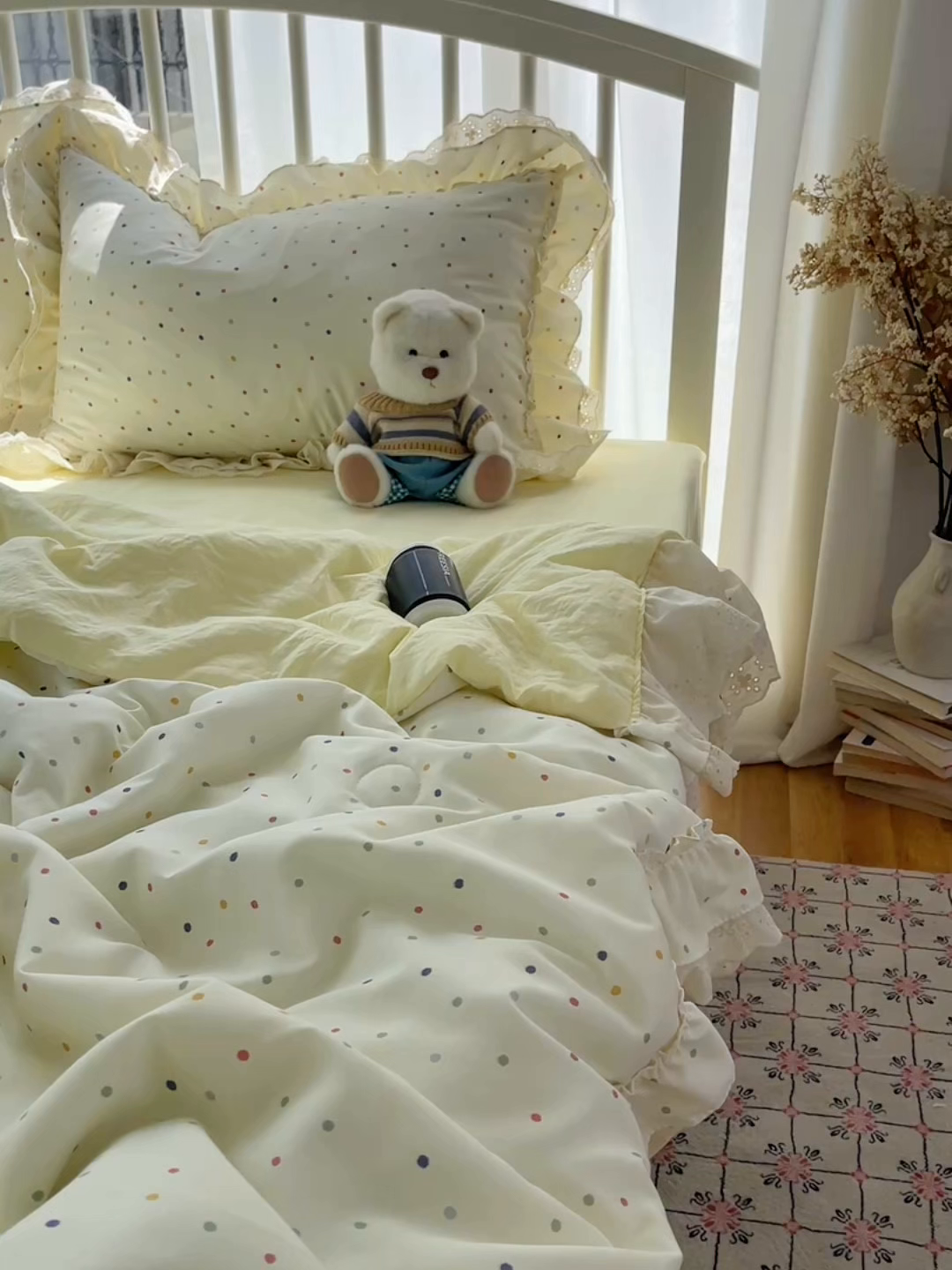 91家纺网 家纺一手货源 找家纺 轻奢坊 2025新款水洗棉双层纱双层花边夏被夏凉被空调被四件套 夏被-波点