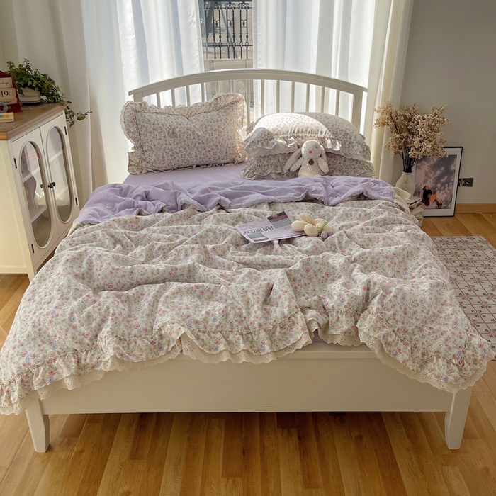 91家纺网 家纺一手货源 找家纺 轻奢坊 2025新款水洗棉双层纱双层花边夏被夏凉被空调被四件套 夏被-繁花