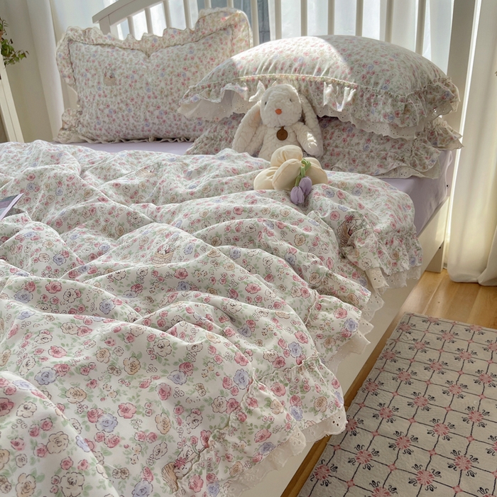 91家纺网 家纺一手货源 找家纺 轻奢坊 2025新款水洗棉双层纱双层花边夏被夏凉被空调被四件套 夏被-繁花