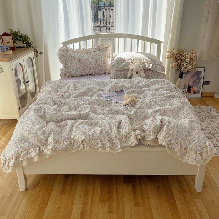 91家纺网 家纺一手货源 找家纺 轻奢坊 2025新款水洗棉双层纱双层花边夏被夏凉被空调被四件套 夏被-繁花