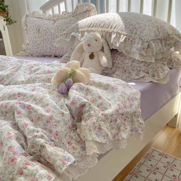 91家纺网 家纺一手货源 找家纺 轻奢坊 2025新款水洗棉双层纱双层花边夏被夏凉被空调被四件套 夏被-繁花