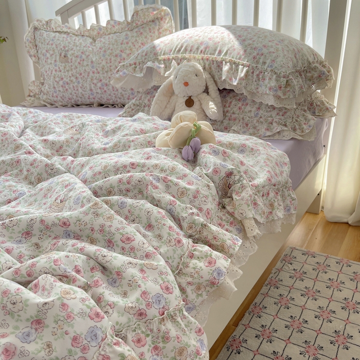 91家纺网 家纺一手货源 找家纺 轻奢坊 2025新款水洗棉双层纱双层花边夏被夏凉被空调被四件套 夏被-繁花