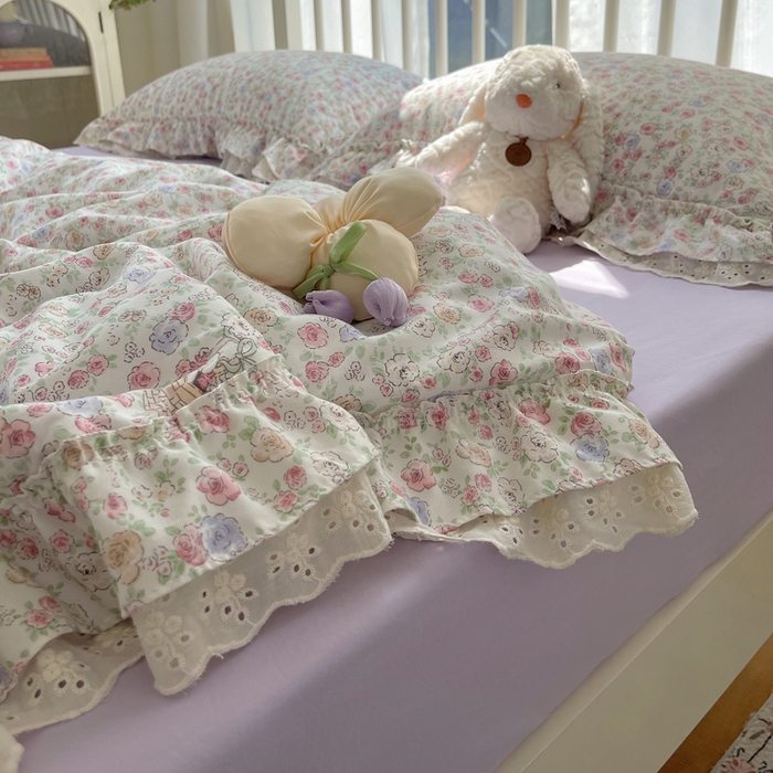 91家纺网 家纺一手货源 找家纺 轻奢坊 2025新款水洗棉双层纱双层花边夏被夏凉被空调被四件套 夏被-繁花