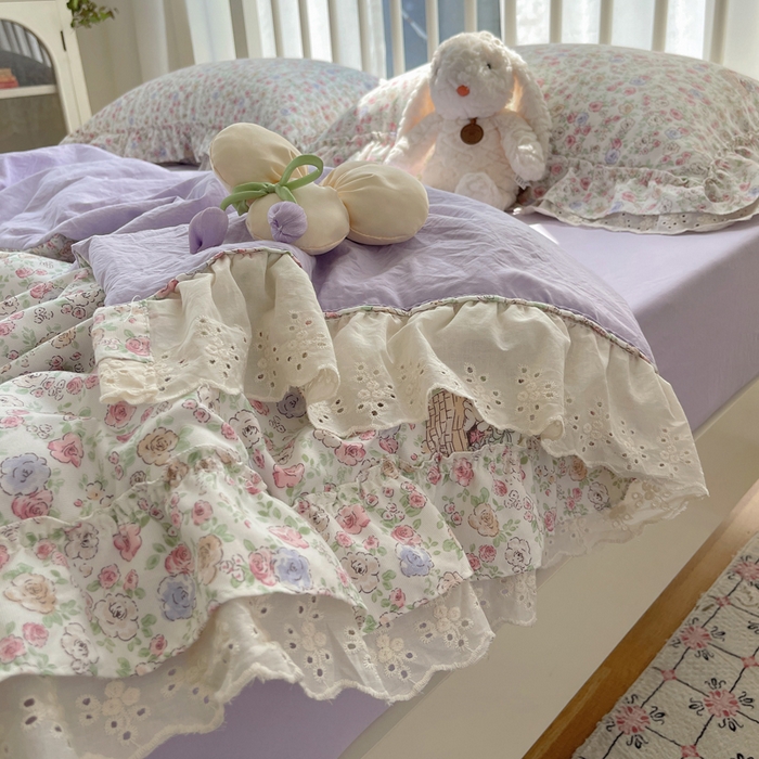 91家纺网 家纺一手货源 找家纺 轻奢坊 2025新款水洗棉双层纱双层花边夏被夏凉被空调被四件套 夏被-繁花