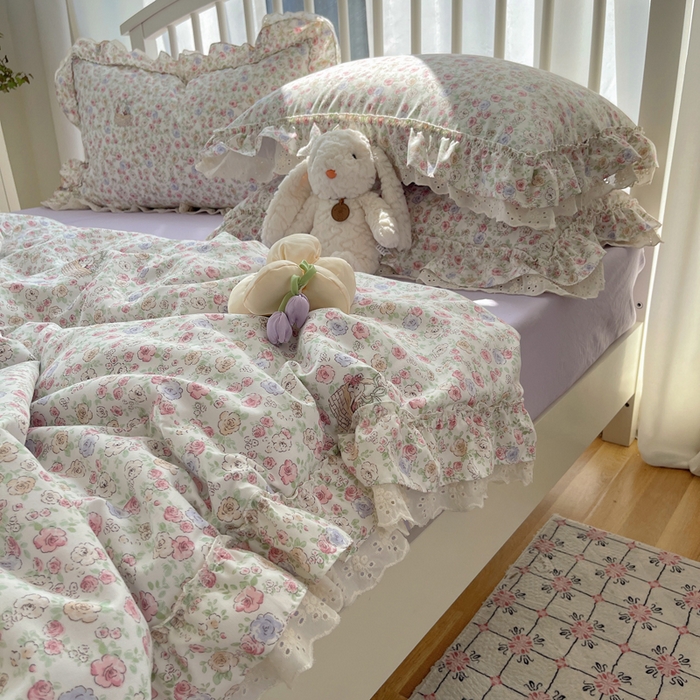 91家纺网 家纺一手货源 找家纺 轻奢坊 2025新款水洗棉双层纱双层花边夏被夏凉被空调被四件套 夏被-繁花