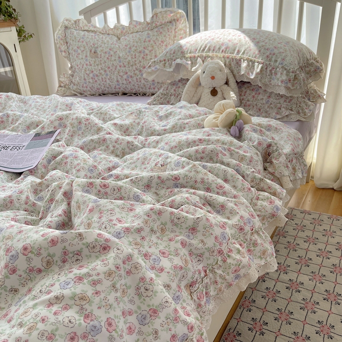 91家纺网 家纺一手货源 找家纺 轻奢坊 2025新款水洗棉双层纱双层花边夏被夏凉被空调被四件套 夏被-繁花