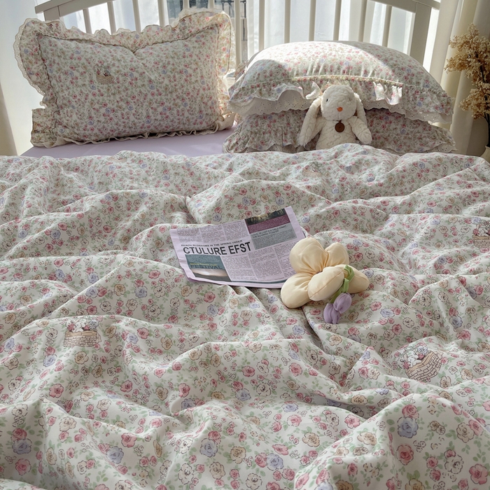 91家纺网 家纺一手货源 找家纺 轻奢坊 2025新款水洗棉双层纱双层花边夏被夏凉被空调被四件套 夏被-繁花