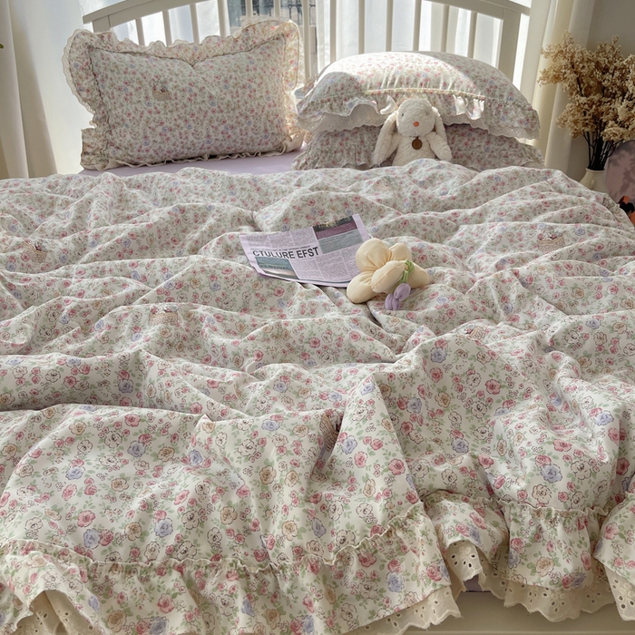 91家纺网 家纺一手货源 找家纺 轻奢坊 2025新款水洗棉双层纱双层花边夏被夏凉被空调被四件套 夏被-繁花