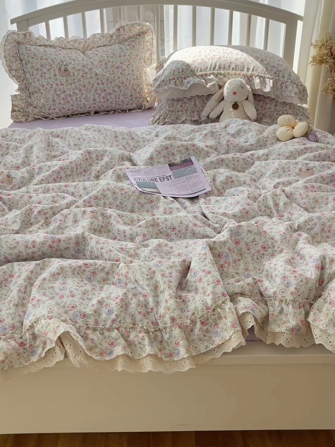 91家纺网 家纺一手货源 找家纺 轻奢坊 2025新款水洗棉双层纱双层花边夏被夏凉被空调被四件套 夏被-繁花