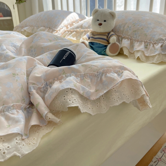 91家纺网 家纺一手货源 找家纺 轻奢坊 2025新款水洗棉双层纱双层花边夏被夏凉被空调被四件套 夏被-花影