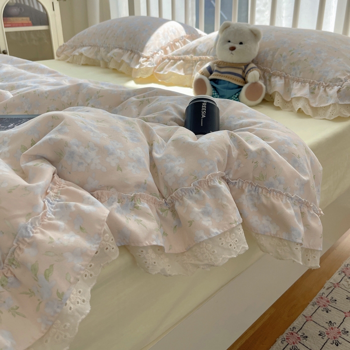 91家纺网 家纺一手货源 找家纺 轻奢坊 2025新款水洗棉双层纱双层花边夏被夏凉被空调被四件套 夏被-花影