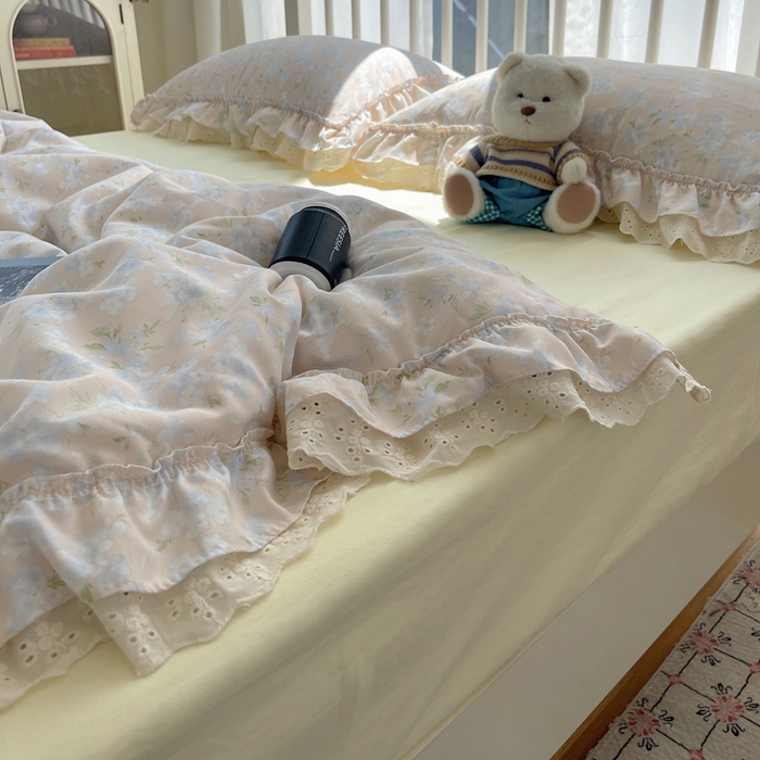 91家纺网 家纺一手货源 找家纺 轻奢坊 2025新款水洗棉双层纱双层花边夏被夏凉被空调被四件套 夏被-花影