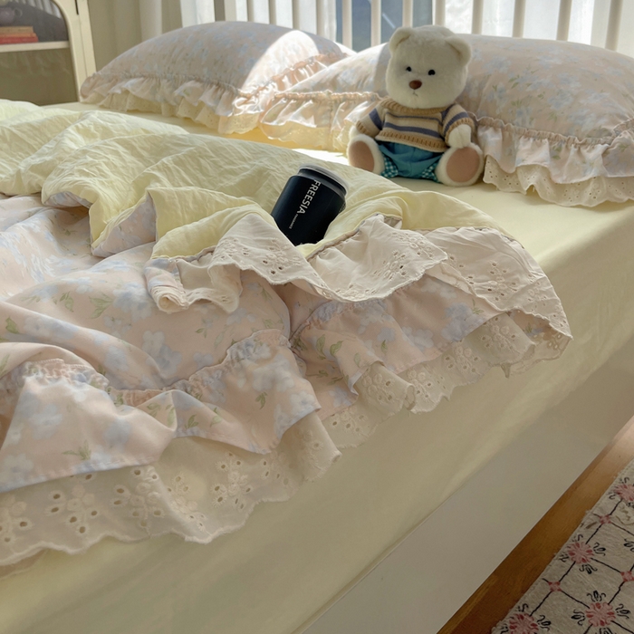 91家纺网 家纺一手货源 找家纺 轻奢坊 2025新款水洗棉双层纱双层花边夏被夏凉被空调被四件套 夏被-花影