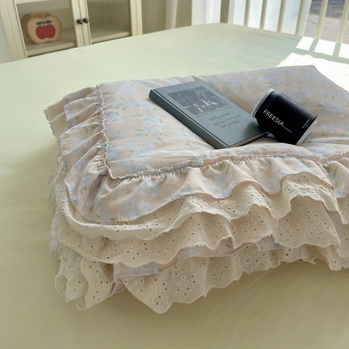 91家纺网 家纺一手货源 找家纺 轻奢坊 2025新款水洗棉双层纱双层花边夏被夏凉被空调被四件套 夏被-花影