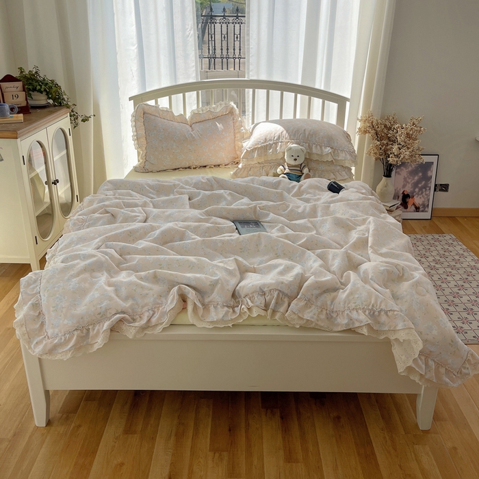 91家纺网 家纺一手货源 找家纺 轻奢坊 2025新款水洗棉双层纱双层花边夏被夏凉被空调被四件套 夏被-花影