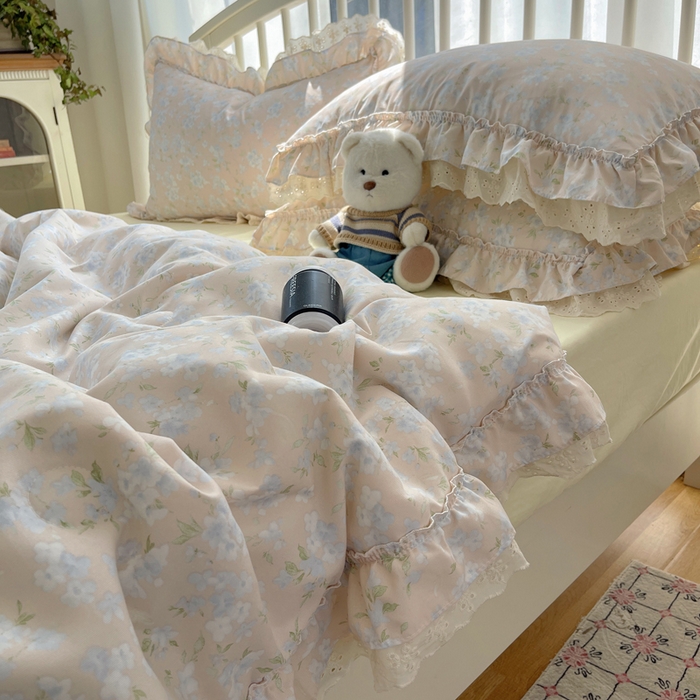 91家纺网 家纺一手货源 找家纺 轻奢坊 2025新款水洗棉双层纱双层花边夏被夏凉被空调被四件套 夏被-花影