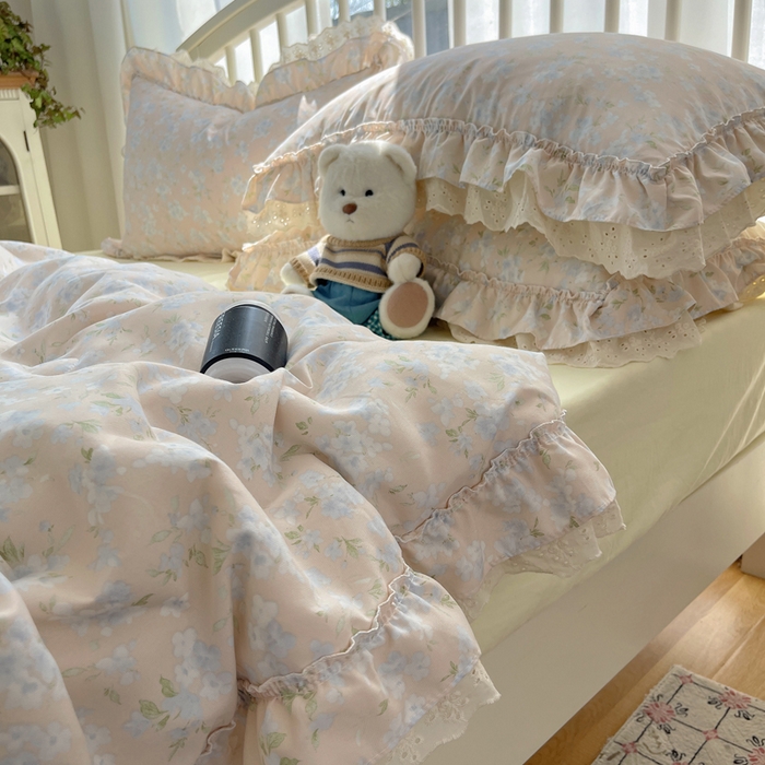 91家纺网 家纺一手货源 找家纺 轻奢坊 2025新款水洗棉双层纱双层花边夏被夏凉被空调被四件套 夏被-花影