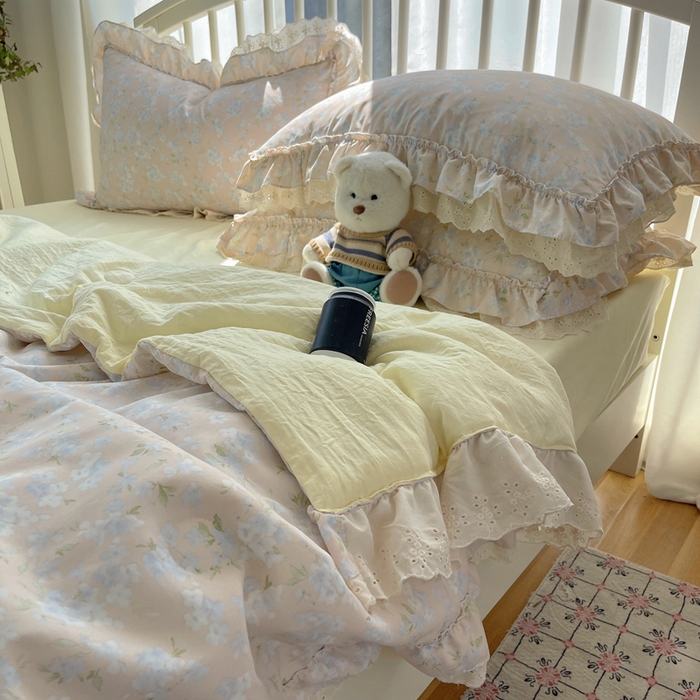 91家纺网 家纺一手货源 找家纺 轻奢坊 2025新款水洗棉双层纱双层花边夏被夏凉被空调被四件套 夏被-花影