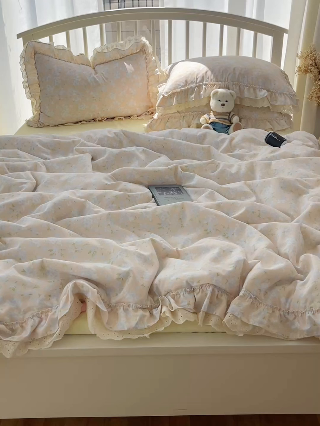 91家纺网 家纺一手货源 找家纺 轻奢坊 2025新款水洗棉双层纱双层花边夏被夏凉被空调被四件套 夏被-花影