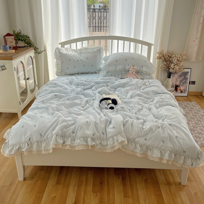 91家纺网 家纺一手货源 找家纺 轻奢坊 2025新款水洗棉双层纱双层花边夏被夏凉被空调被四件套 夏被-蓝结