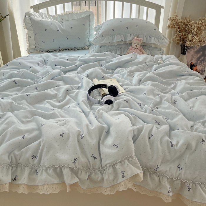 91家纺网 家纺一手货源 找家纺 轻奢坊 2025新款水洗棉双层纱双层花边夏被夏凉被空调被四件套 夏被-蓝结