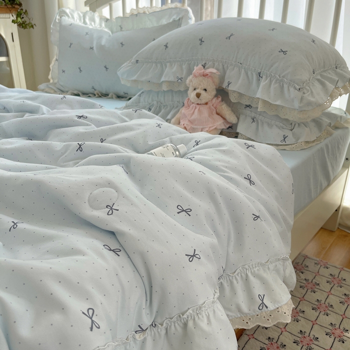 91家纺网 家纺一手货源 找家纺 轻奢坊 2025新款水洗棉双层纱双层花边夏被夏凉被空调被四件套 夏被-蓝结