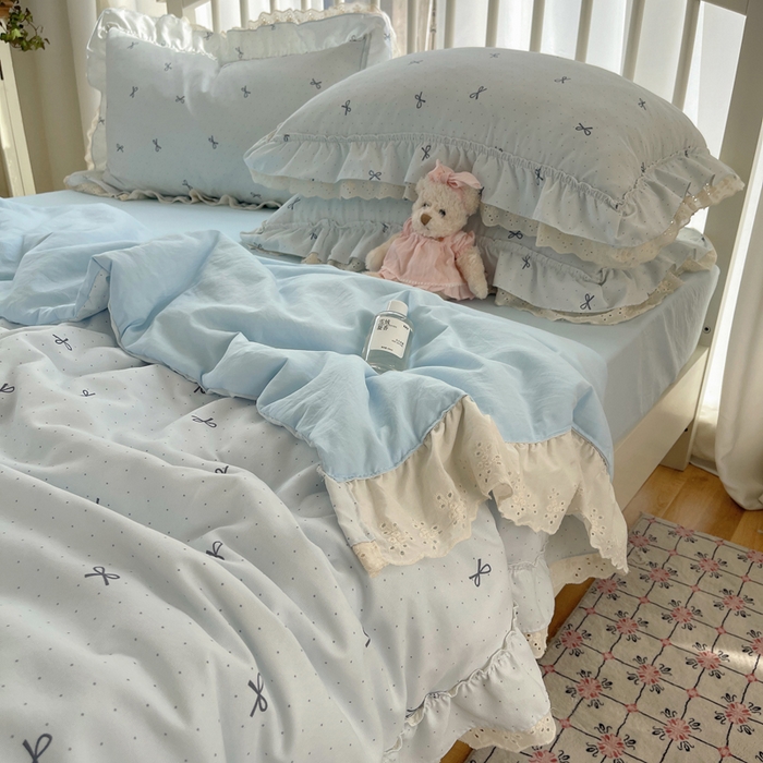 91家纺网 家纺一手货源 找家纺 轻奢坊 2025新款水洗棉双层纱双层花边夏被夏凉被空调被四件套 夏被-蓝结