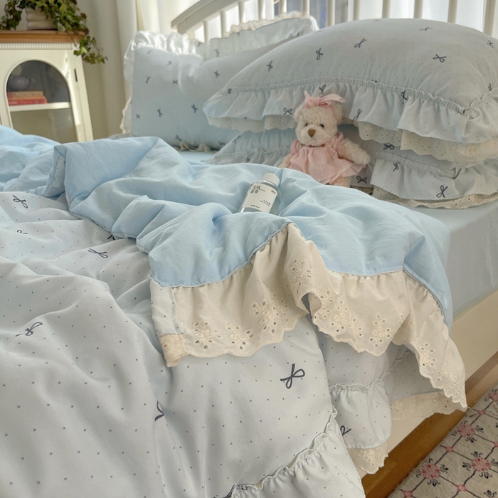 91家纺网 家纺一手货源 找家纺 轻奢坊 2025新款水洗棉双层纱双层花边夏被夏凉被空调被四件套 夏被-蓝结