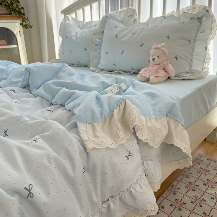 91家纺网 家纺一手货源 找家纺 轻奢坊 2025新款水洗棉双层纱双层花边夏被夏凉被空调被四件套 夏被-蓝结