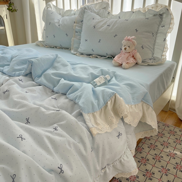 91家纺网 家纺一手货源 找家纺 轻奢坊 2025新款水洗棉双层纱双层花边夏被夏凉被空调被四件套 夏被-蓝结