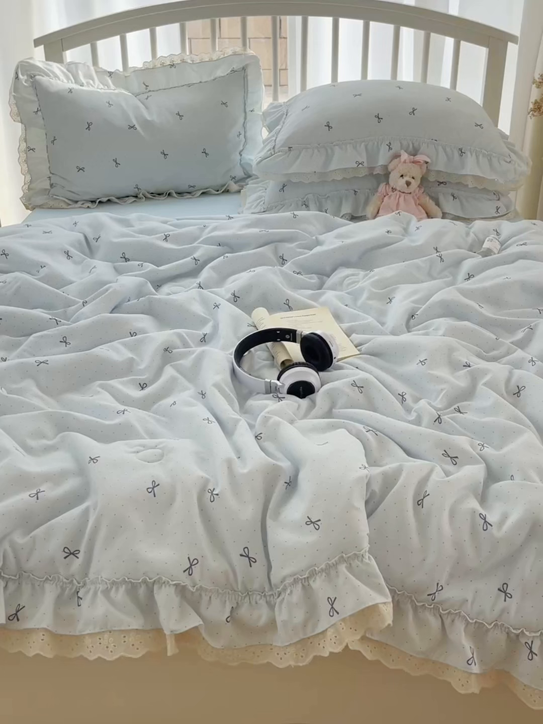 91家纺网 家纺一手货源 找家纺 轻奢坊 2025新款水洗棉双层纱双层花边夏被夏凉被空调被四件套 夏被-蓝结