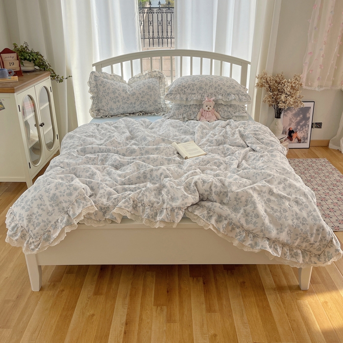 91家纺网 家纺一手货源 找家纺 轻奢坊 2025新款水洗棉双层纱双层花边夏被夏凉被空调被四件套 夏被-清浅