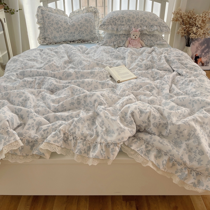 91家纺网 家纺一手货源 找家纺 轻奢坊 2025新款水洗棉双层纱双层花边夏被夏凉被空调被四件套 夏被-清浅