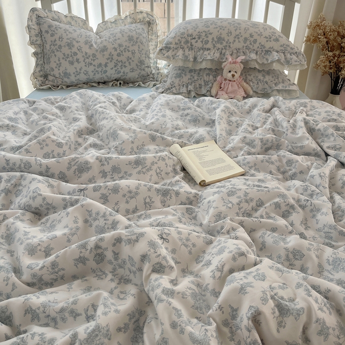 91家纺网 家纺一手货源 找家纺 轻奢坊 2025新款水洗棉双层纱双层花边夏被夏凉被空调被四件套 夏被-清浅