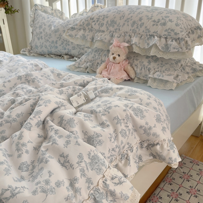 91家纺网 家纺一手货源 找家纺 轻奢坊 2025新款水洗棉双层纱双层花边夏被夏凉被空调被四件套 夏被-清浅