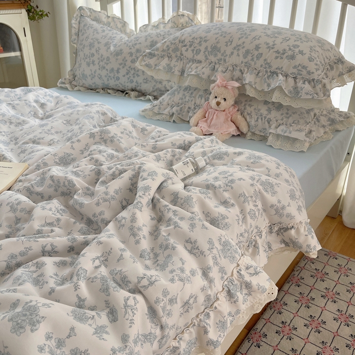 91家纺网 家纺一手货源 找家纺 轻奢坊 2025新款水洗棉双层纱双层花边夏被夏凉被空调被四件套 夏被-清浅