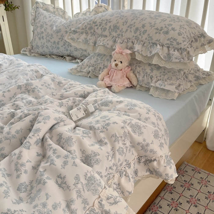 91家纺网 家纺一手货源 找家纺 轻奢坊 2025新款水洗棉双层纱双层花边夏被夏凉被空调被四件套 夏被-清浅